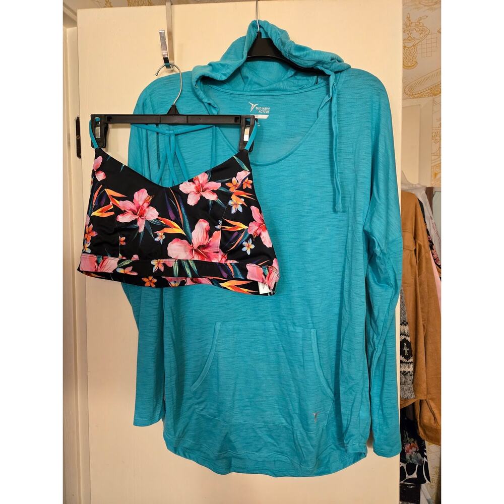 2 Pc Set Women's Old Navy Active Go-Dry Sz L Cowl Neck Hoodie & Sports Bra Sz XL